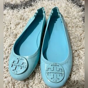 Tory Burch Teal Logo Patent Leather Flats- Size 8